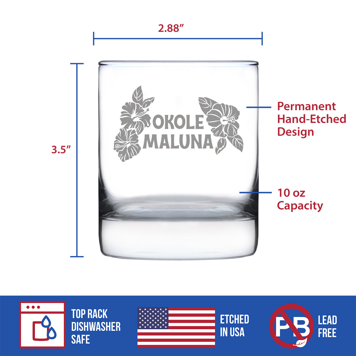 Okole Maluna Engraved 10 Oz Rocks or Old Fashioned Whiskey Glass, Hawaiian Cheers, Unique Party Cup for Men &amp; Women Who Love Hawaii