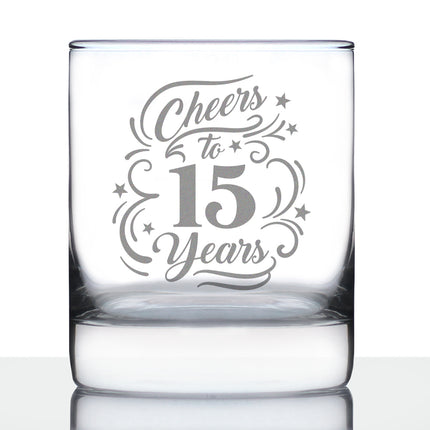 Cheers to 15 Years - Whiskey Rocks Glass Gifts for Women & Men - 15th Anniversary Party Decor - 10.25 Oz Glasses