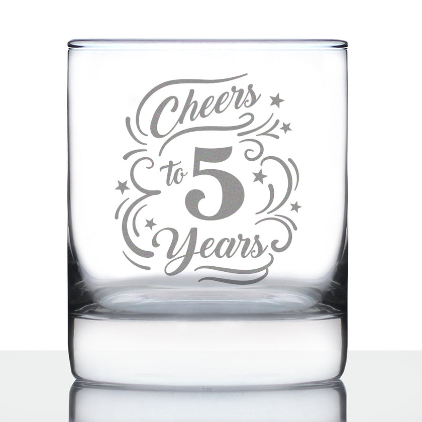 Cheers to 5 Years - Whiskey Rocks Glass Gifts for Women & Men - 5th Anniversary Party Decor - 10.25 Oz Glasses