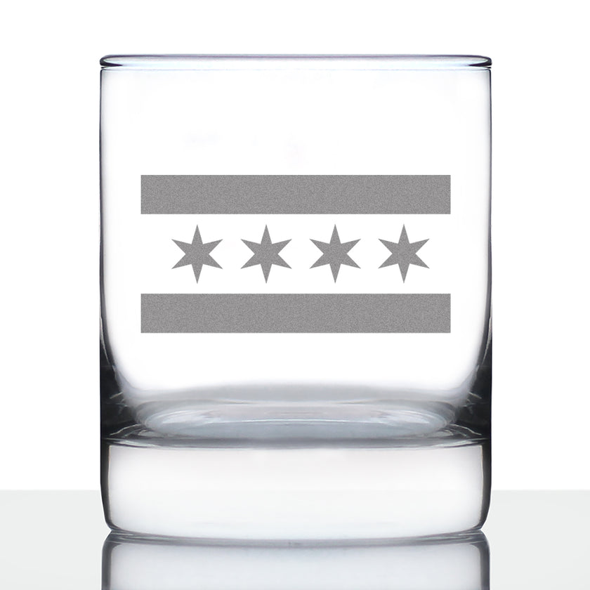 Chicago Flag - Whiskey Rocks Glass - Fun Unique Glass Gift for Chitown Lovers - Cute Chicago Themed Decor - 10.25 Oz