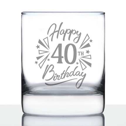 Happy 40th Birthday - Whiskey Rocks Glass Gifts for Men & Women Turning 40 - Fun Retro Bday Whisky Drinking Tumbler