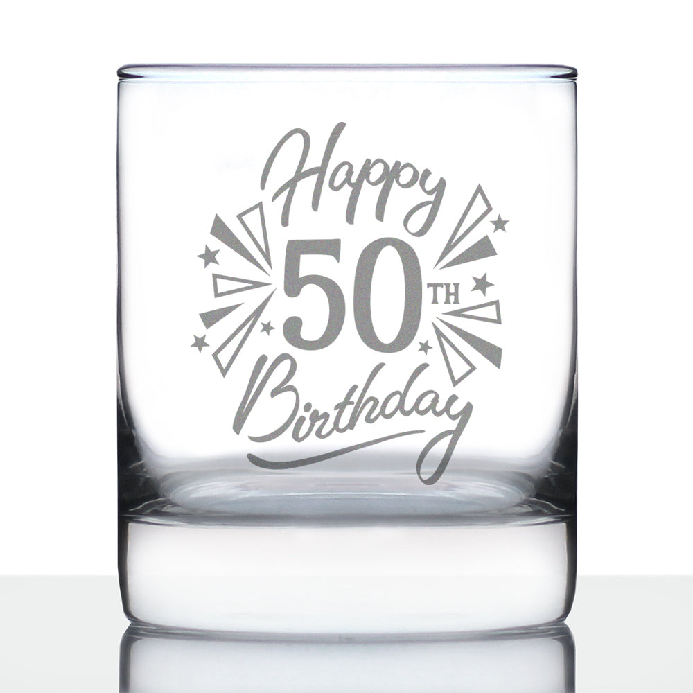 Happy 50th Birthday - Whiskey Rocks Glass Gifts for Men &amp; Women Turning 50 - Fun Retro Bday Whisky Drinking Tumbler