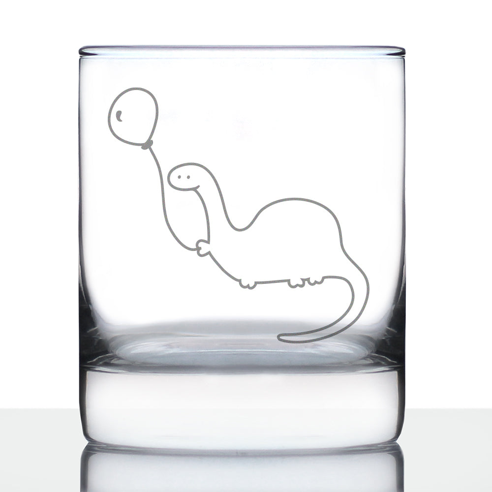 Dinosaur With Birthday Balloon - Whiskey Rocks Glass - Cute Funny Dino Themed Gifts and Decor for Dinosaur Lovers - 10.25 Oz Glass