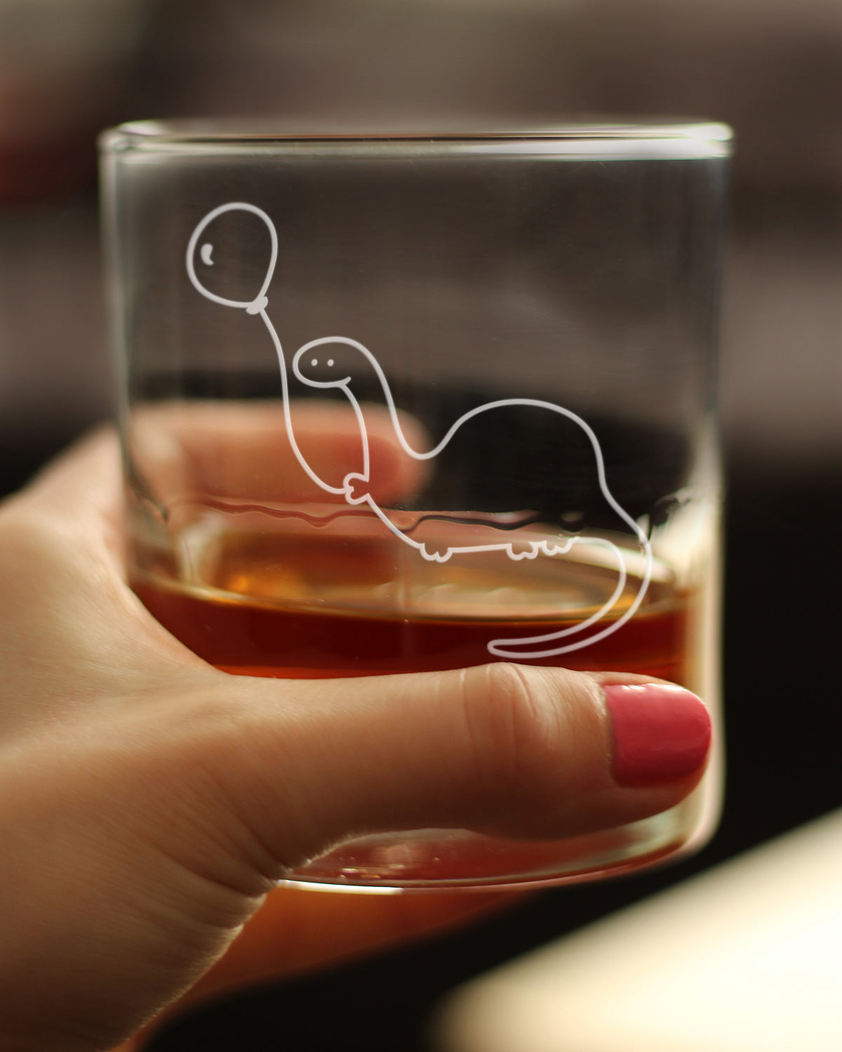 Dinosaur With Birthday Balloon - Whiskey Rocks Glass - Cute Funny Dino Themed Gifts and Decor for Dinosaur Lovers - 10.25 Oz Glass