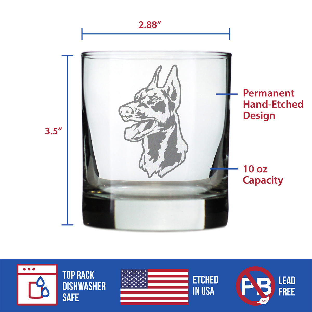 Doberman Face Whiskey Rocks Glass - Unique Dog Themed Decor and Gifts for Moms &amp; Dads of Pinscher Dobermans - 10.25 Oz