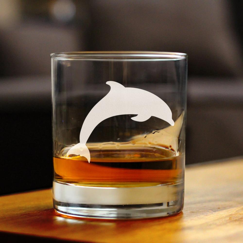 Dolphin Whiskey Rocks Glass - Beach Themed Gifts for Men &amp; Women - Fun Whisky Drinking Tumbler Decor - Engraved 10 oz