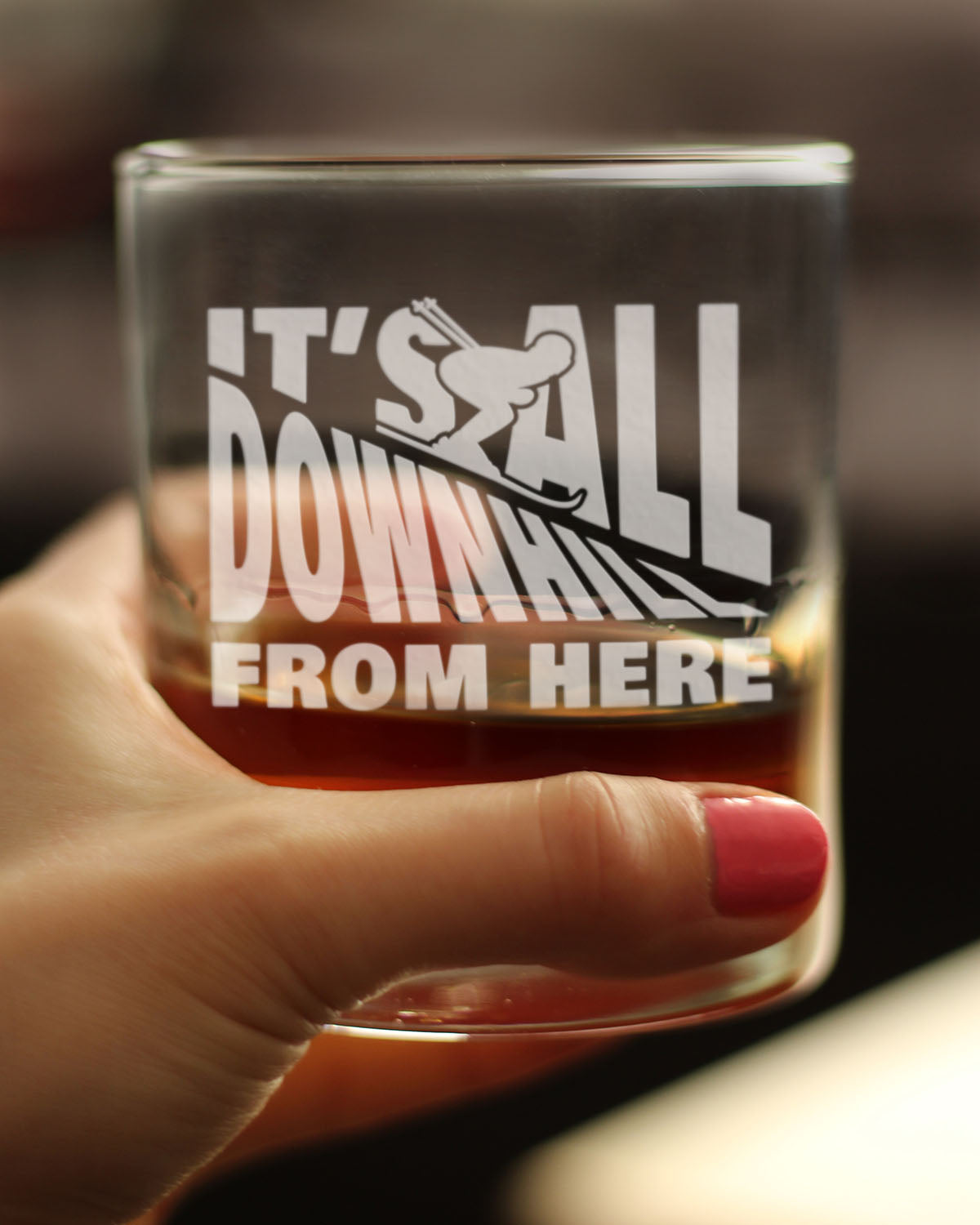 It's All Downhill From Here - Whiskey Rocks Glass - Unique Skiing Themed Decor and Gifts for Mountain Lovers - 10.25 Oz Glasses