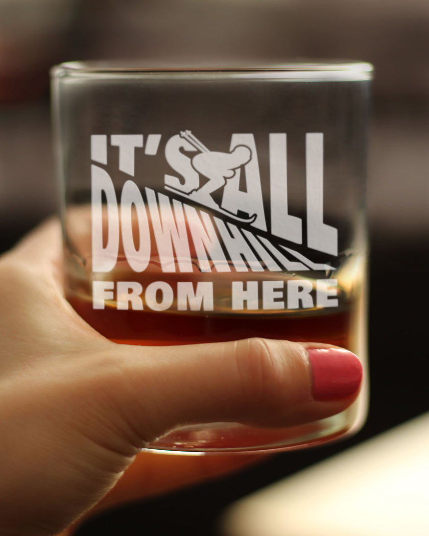 It's All Downhill From Here - Whiskey Rocks Glass - Unique Skiing Themed Decor and Gifts for Mountain Lovers - 10.25 Oz Glasses