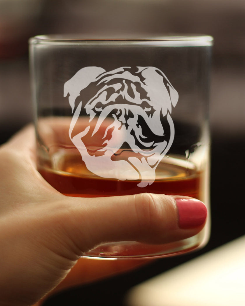 English Bulldog - Funny Whiskey Rocks Glass Gifts for Men & Women with Bulldogs - Fun Whisky Drinking Tumbler Décor