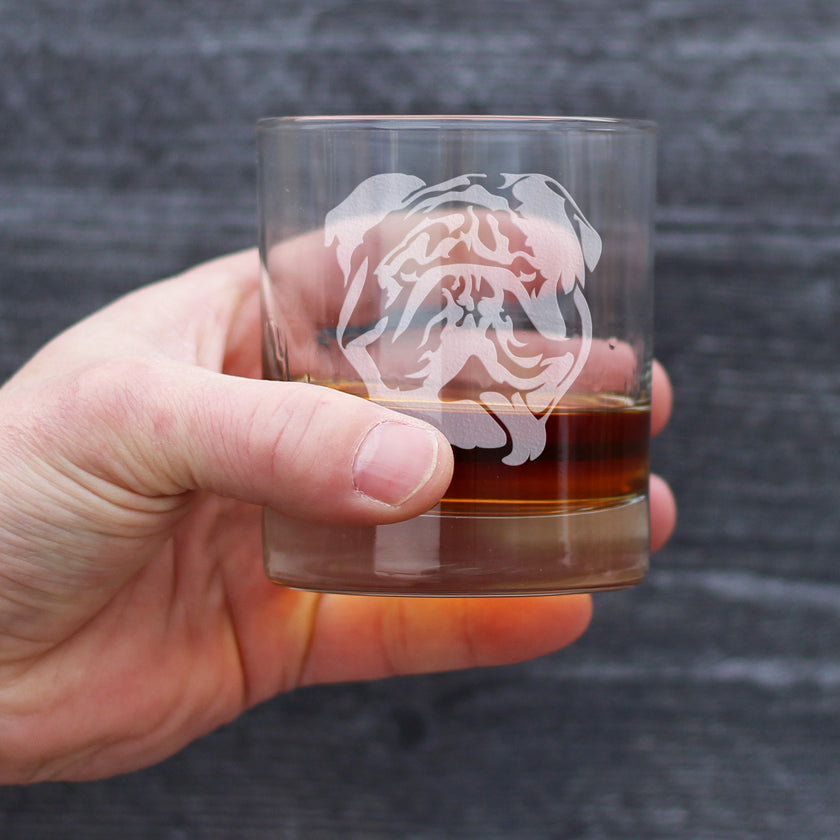 English Bulldog - Funny Whiskey Rocks Glass Gifts for Men & Women with Bulldogs - Fun Whisky Drinking Tumbler Décor