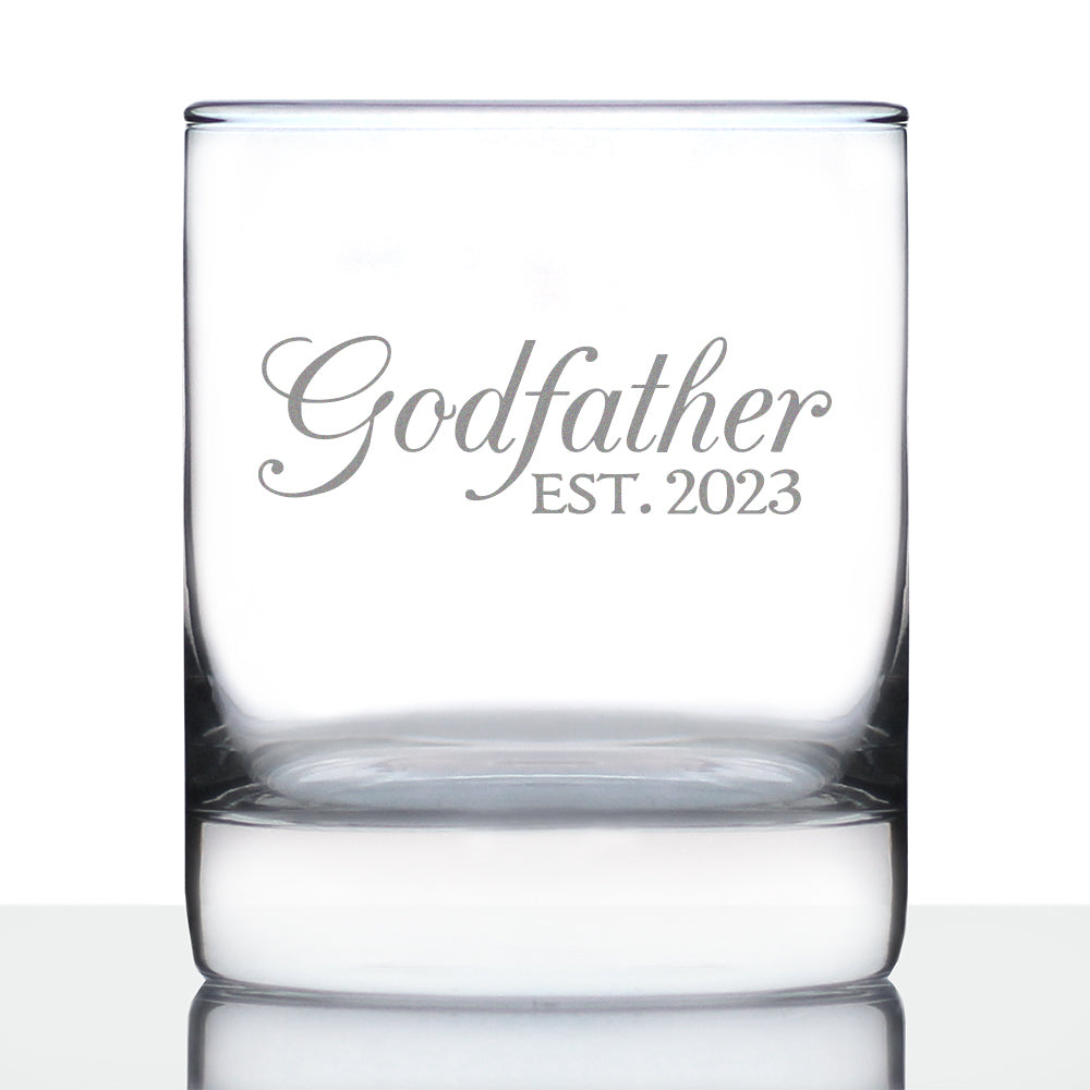 Godfather Est. 2023 - Decorative 10 oz Rocks Glass or Old Fashioned Glass - Baby Shower Gift - Pregnancy Reveal Gift for New Godfathers