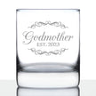 Godmother Est. 2023 - Decorative 10 oz Rocks Glass or Old Fashioned Glass - Reveal Gift for New Godmothers, Mother's Day for Godmom