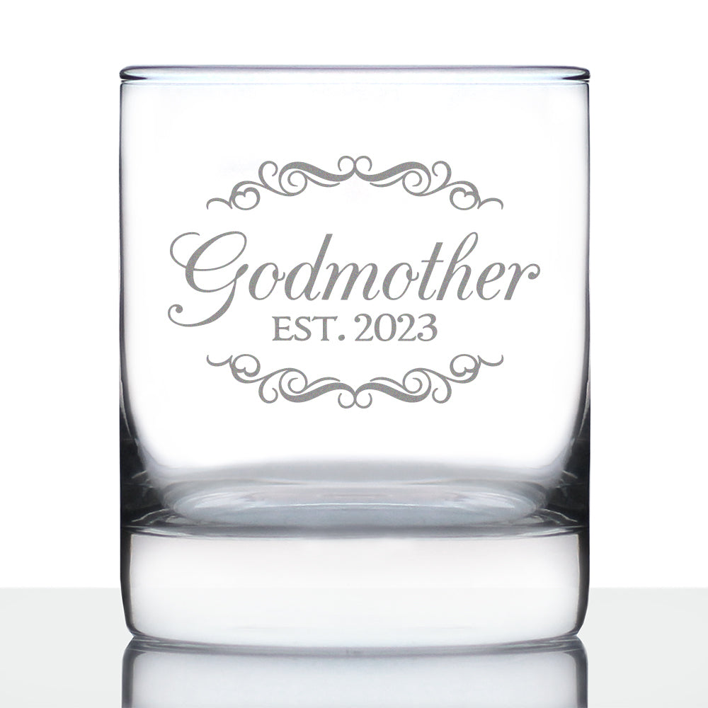 Godmother Est. 2023 - Decorative 10 oz Rocks Glass or Old Fashioned Glass - Reveal Gift for New Godmothers, Mother&#39;s Day for Godmom