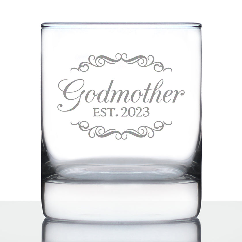 Godmother Est. 2023 - Decorative 10 oz Rocks Glass or Old Fashioned Glass - Reveal Gift for New Godmothers, Mother's Day for Godmom