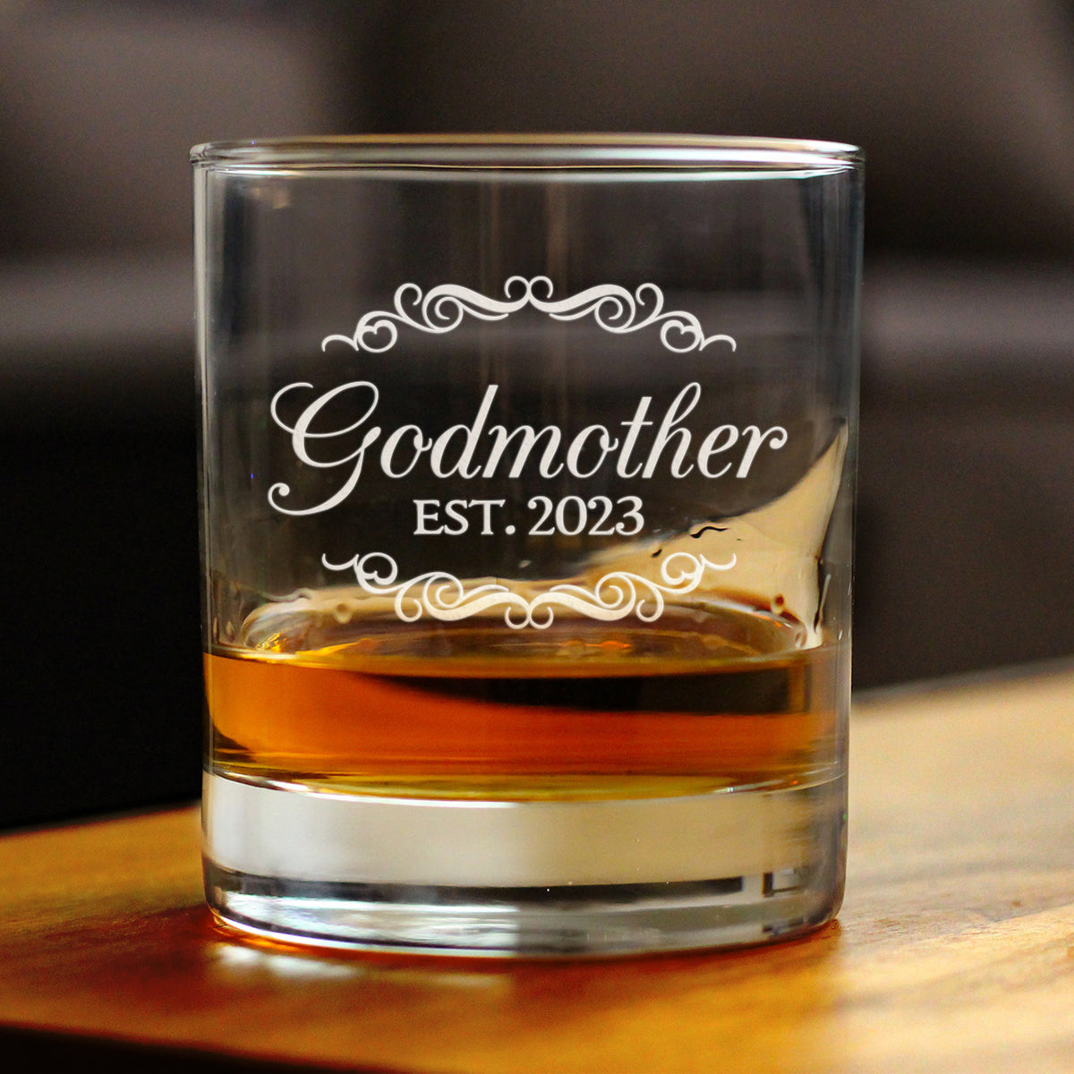 Godmother Est. 2023 - Decorative 10 oz Rocks Glass or Old Fashioned Glass - Reveal Gift for New Godmothers, Mother&#39;s Day for Godmom