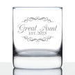 Great Aunt Est. 2023  - Decorative 10 oz Rocks Glass or Old Fashioned Glass, Etched Sayings, Women's Gifts & Baby Reveal