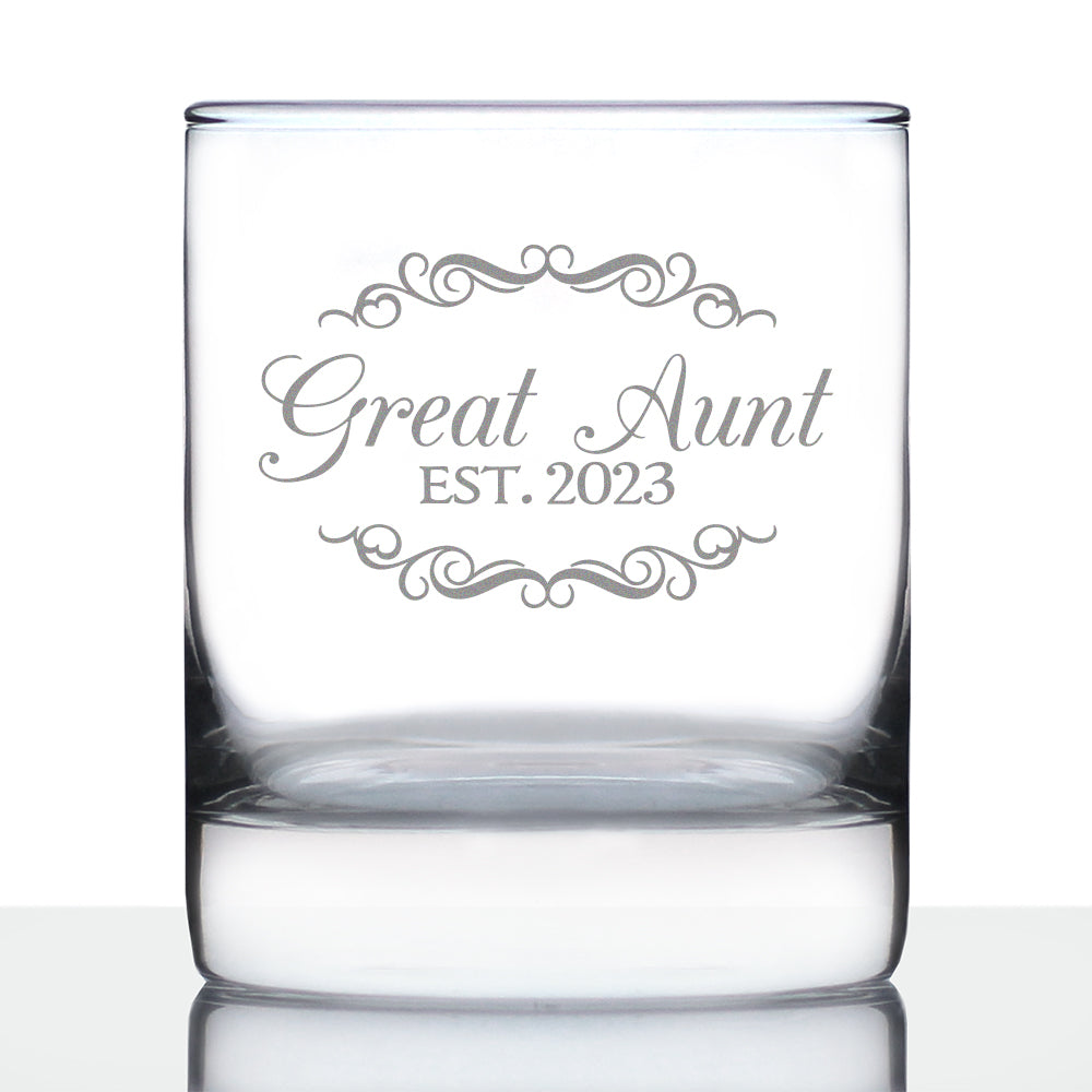 Great Aunt Est. 2023  - Decorative 10 oz Rocks Glass or Old Fashioned Glass, Etched Sayings, Women&#39;s Gifts &amp; Baby Reveal