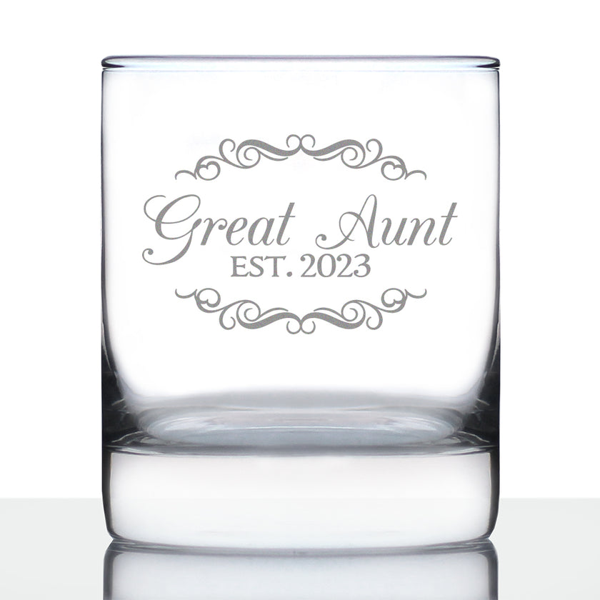 Great Aunt Est. 2023  - Decorative 10 oz Rocks Glass or Old Fashioned Glass, Etched Sayings, Women's Gifts & Baby Reveal