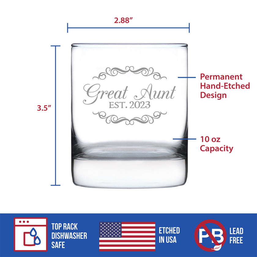 Great Aunt Est. 2023  - Decorative 10 oz Rocks Glass or Old Fashioned Glass, Etched Sayings, Women's Gifts & Baby Reveal