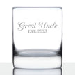 Great Uncle Est. 2023 - Decorative 10 oz Rocks Glass or Old Fashioned Glass Etched Sayings, Pregnancy Announcement & Baby Reveal