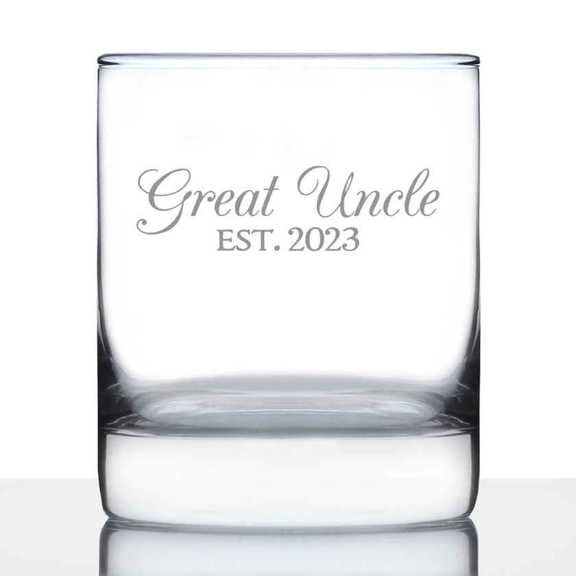 Great Uncle Est. 2023 - Decorative 10 oz Rocks Glass or Old Fashioned Glass Etched Sayings, Pregnancy Announcement & Baby Reveal
