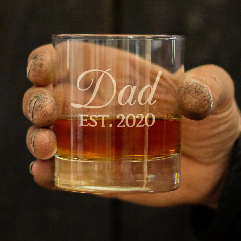 Dad Est 2020 - New Father Whiskey Rocks Glass Gift for First Time Parents - Decorative 10.25 Oz Glasses