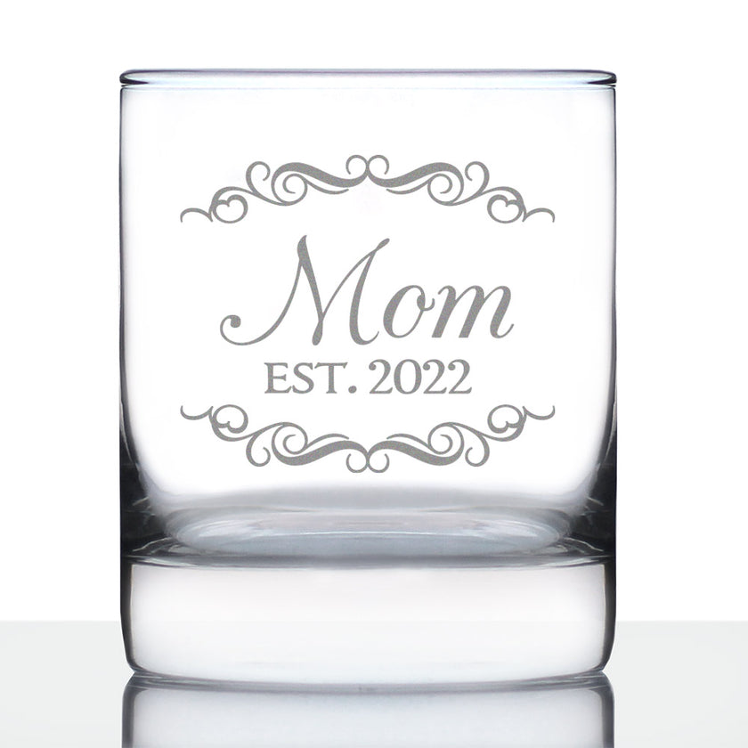 Mom Est 2022 - New Mother Whiskey Rocks Glass Gift for First Time Parents - Decorative 10.25 Oz Glasses