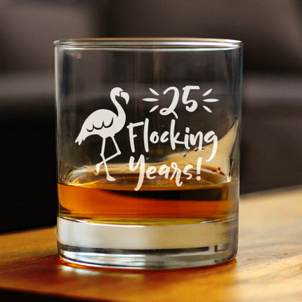 25 Flocking Years 10 oz Rocks Glass or Old Fashioned Glass, Etched Sayings - Cute 25th Anniversary or Birthday Gift for Flamingo Lovers