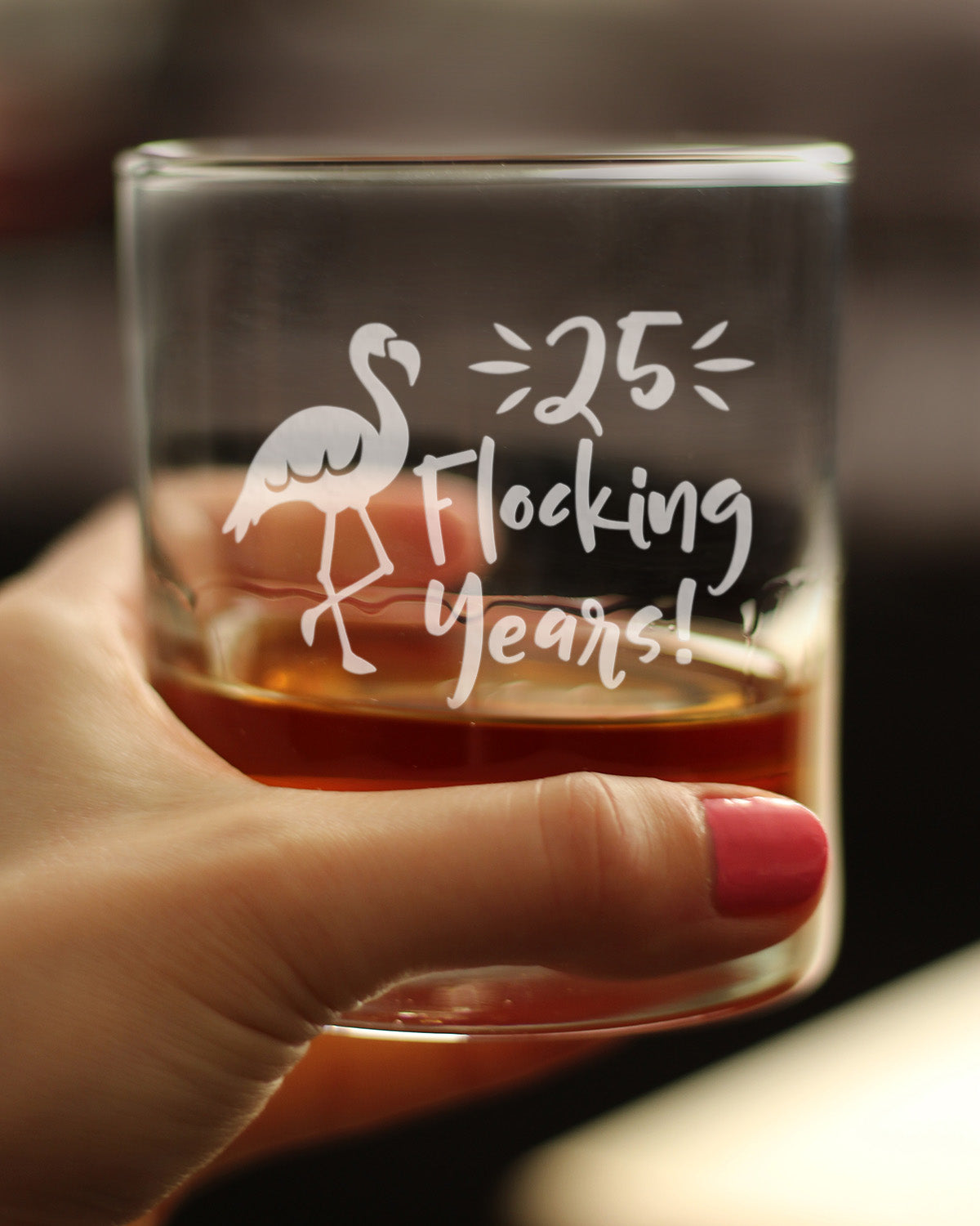 25 Flocking Years 10 oz Rocks Glass or Old Fashioned Glass, Etched Sayings - Cute 25th Anniversary or Birthday Gift for Flamingo Lovers