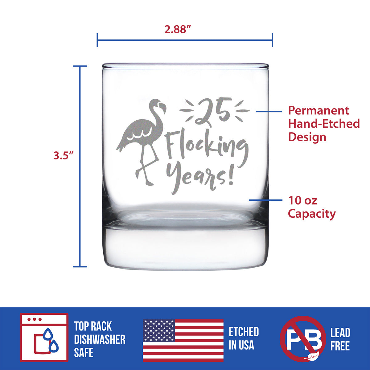25 Flocking Years 10 oz Rocks Glass or Old Fashioned Glass, Etched Sayings - Cute 25th Anniversary or Birthday Gift for Flamingo Lovers