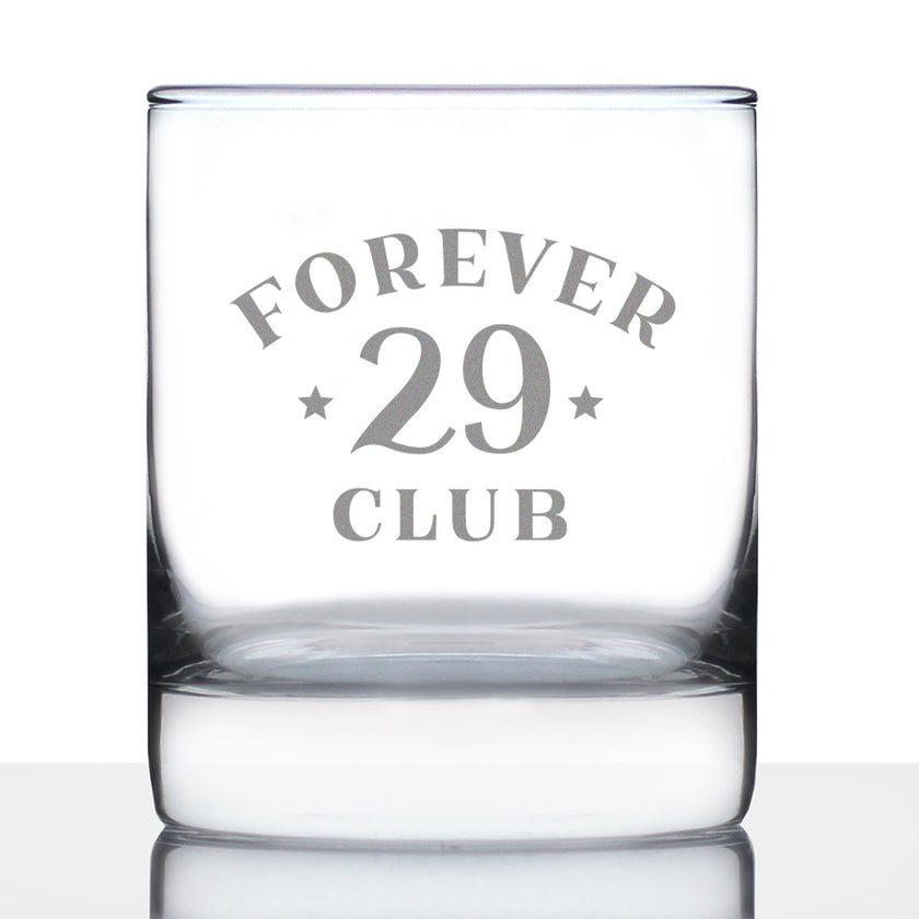Forever 29 Club - Whiskey Rocks Glass 30th Birthday Gifts for Men & Women Turning 30 - Fun Retro Bday Whisky Drinking Tumbler - 10.25 Oz
