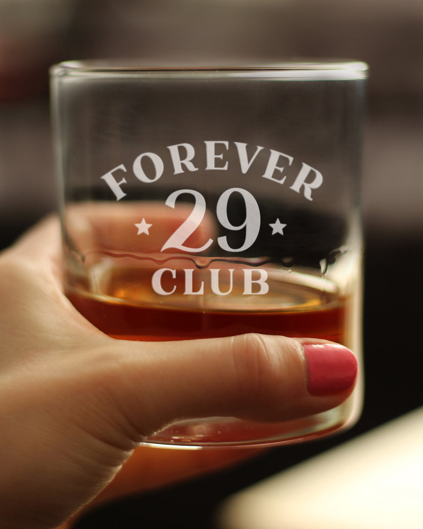 Forever 29 Club - Whiskey Rocks Glass 30th Birthday Gifts for Men & Women Turning 30 - Fun Retro Bday Whisky Drinking Tumbler - 10.25 Oz
