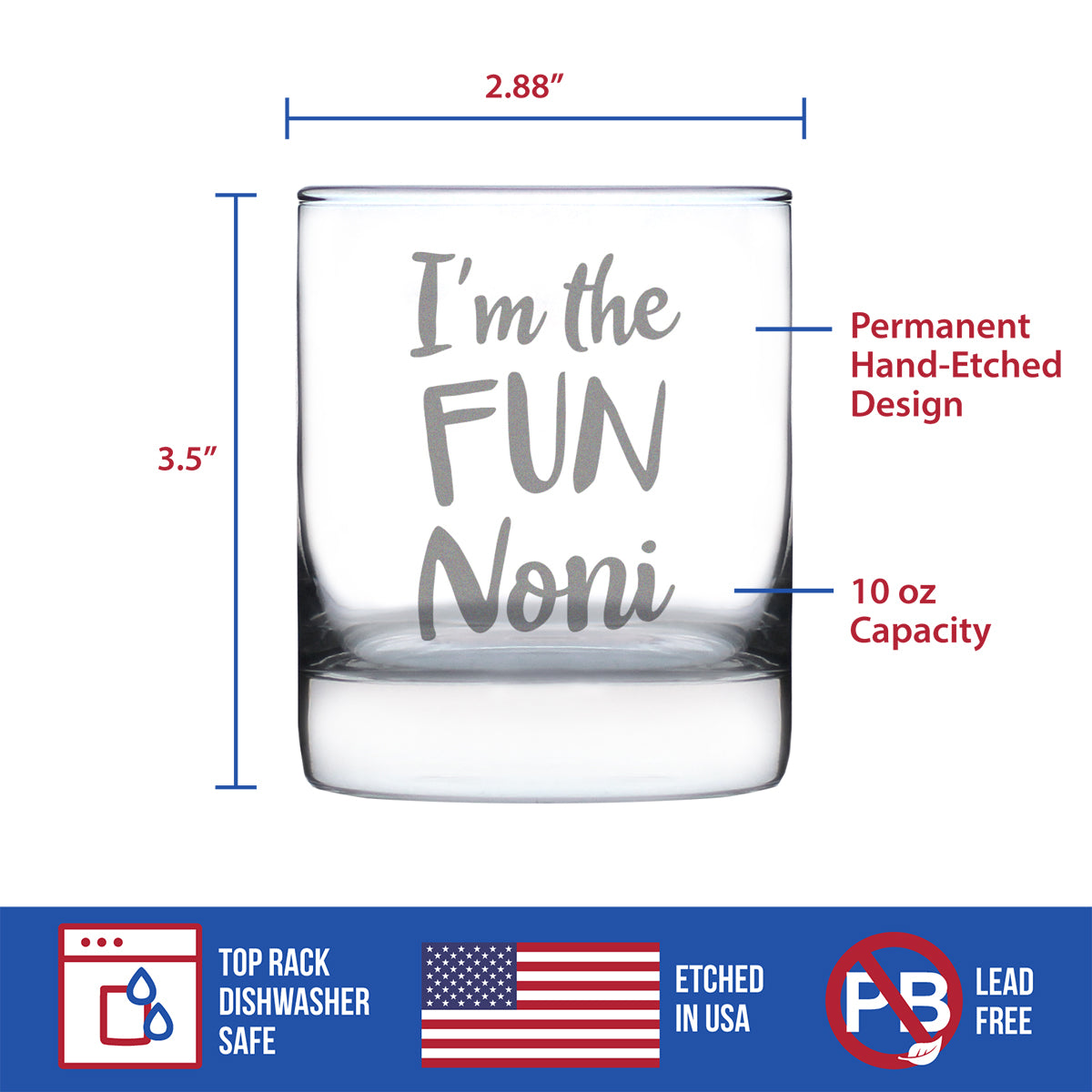 I'm the Fun Noni 10 oz Rocks Glass or Old Fashioned Glass - Reveal Gift for New Grandmothers, Mother's Day or Birthday Gift for Noni