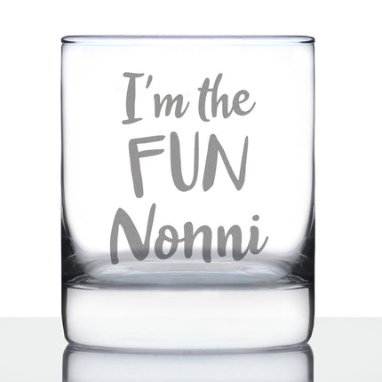 I'm the Fun Nonni 10 oz Rocks Glass or Old Fashioned Glass - Reveal Gift for New Grandmothers, Mother's Day or Birthday Gift for Nonni
