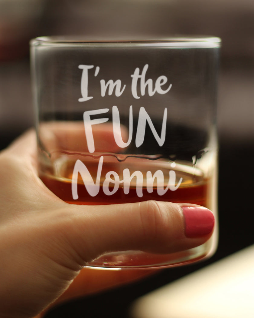 I'm the Fun Nonni 10 oz Rocks Glass or Old Fashioned Glass - Reveal Gift for New Grandmothers, Mother's Day or Birthday Gift for Nonni