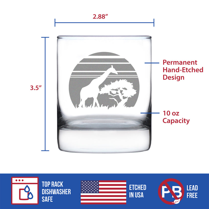 Giraffe Sunset Whiskey Rocks Glass - Fun Safari Themed Decor and Gifts for Lovers of African Wild Animals - 10.25 Oz Glasses