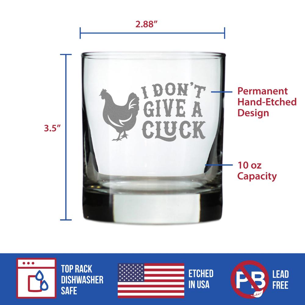 Don't Give a Cluck - Funny Chicken Whiskey Rocks Glass Gifts for Men & Women - Fun Whisky Drinking Tumbler Decor