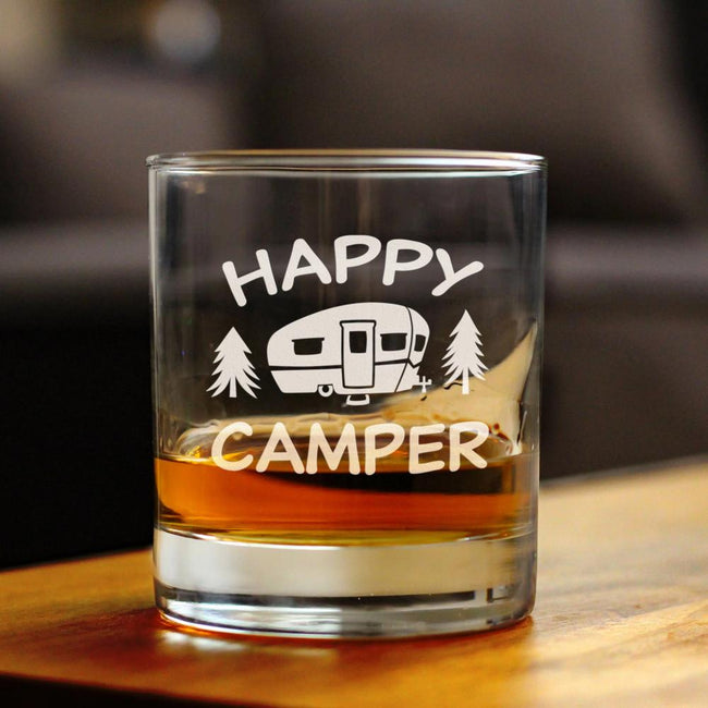 Happy Camper - Whiskey Rocks Glass - Fun RV Gifts for Men & Women Who Love Drinking Whisky & Camping Decor - 10.25 oz