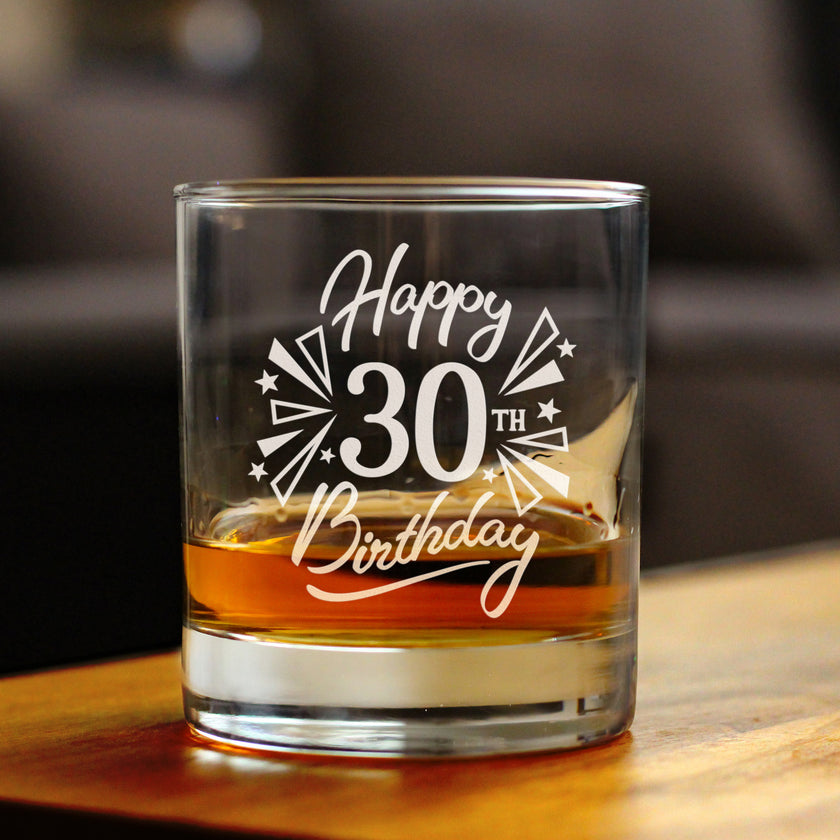 Happy 30th Birthday - Whiskey Rocks Glass Gifts for Men & Women Turning 30 - Fun Retro Bday Whisky Drinking Tumbler