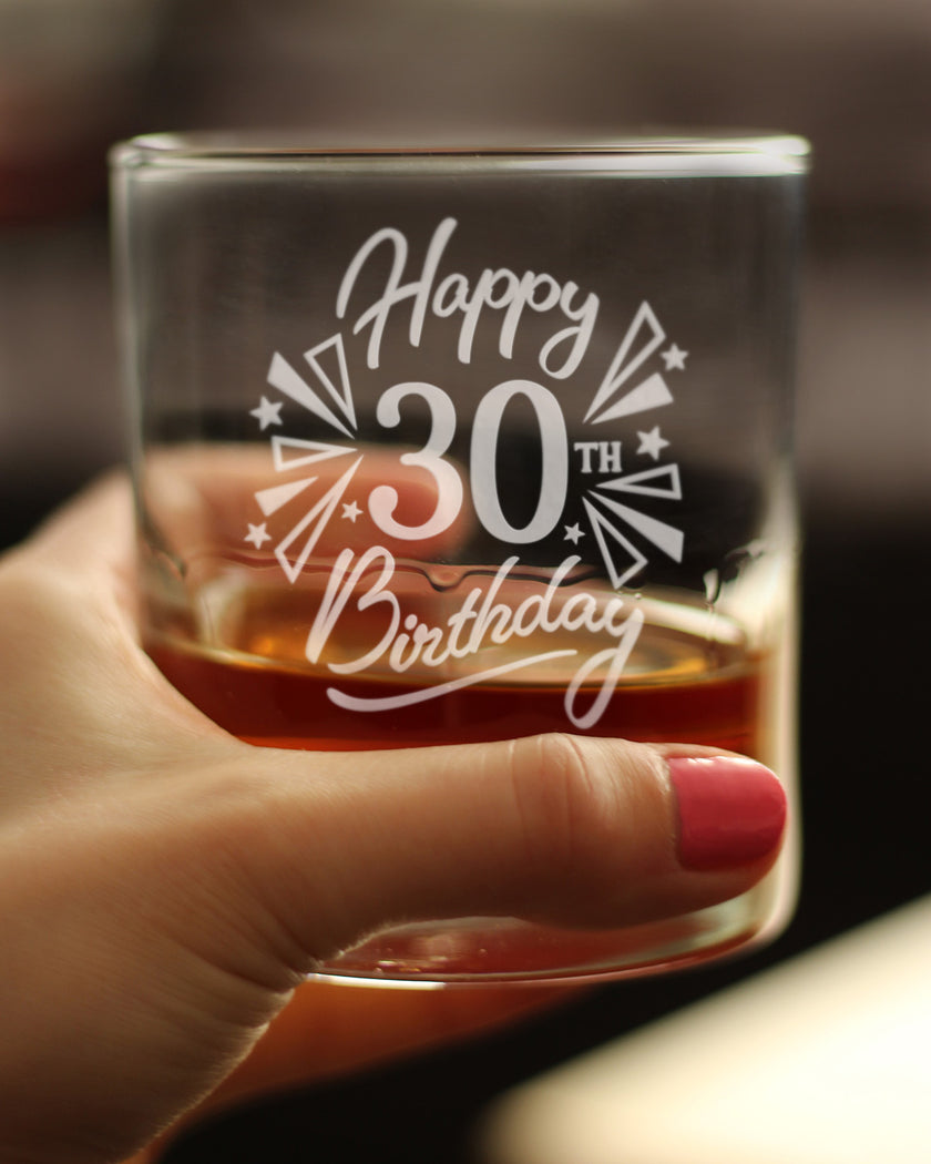 Happy 30th Birthday - Whiskey Rocks Glass Gifts for Men & Women Turning 30 - Fun Retro Bday Whisky Drinking Tumbler