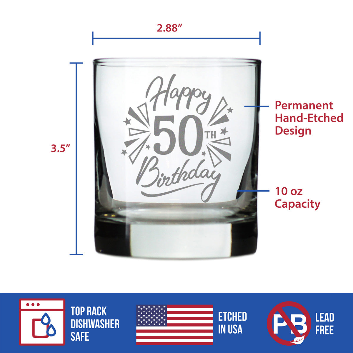 Happy 50th Birthday - Whiskey Rocks Glass Gifts for Men &amp; Women Turning 50 - Fun Retro Bday Whisky Drinking Tumbler