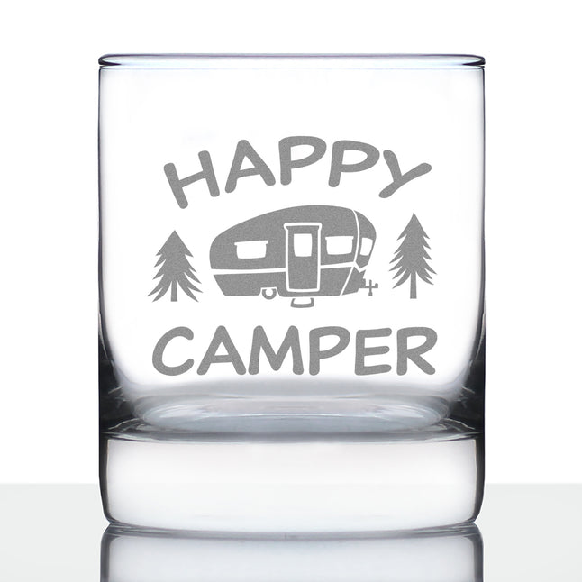 Happy Camper - Whiskey Rocks Glass - Fun RV Gifts for Men & Women Who Love Drinking Whisky & Camping Decor - 10.25 oz