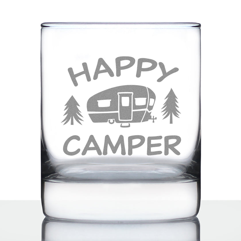 Happy Camper - Whiskey Rocks Glass - Fun RV Gifts for Men & Women Who Love Drinking Whisky & Camping Decor - 10.25 oz
