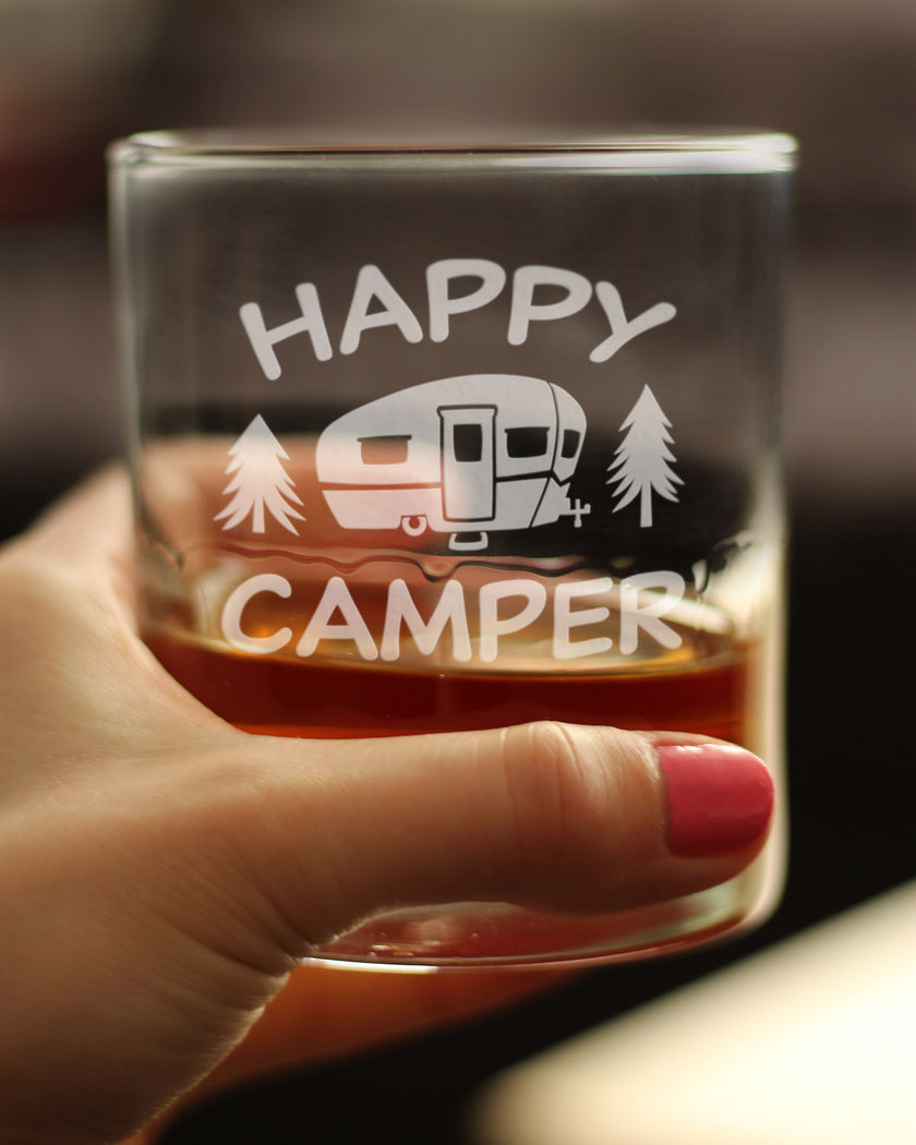 Happy Camper - Whiskey Rocks Glass - Fun RV Gifts for Men & Women Who Love Drinking Whisky & Camping Decor - 10.25 oz