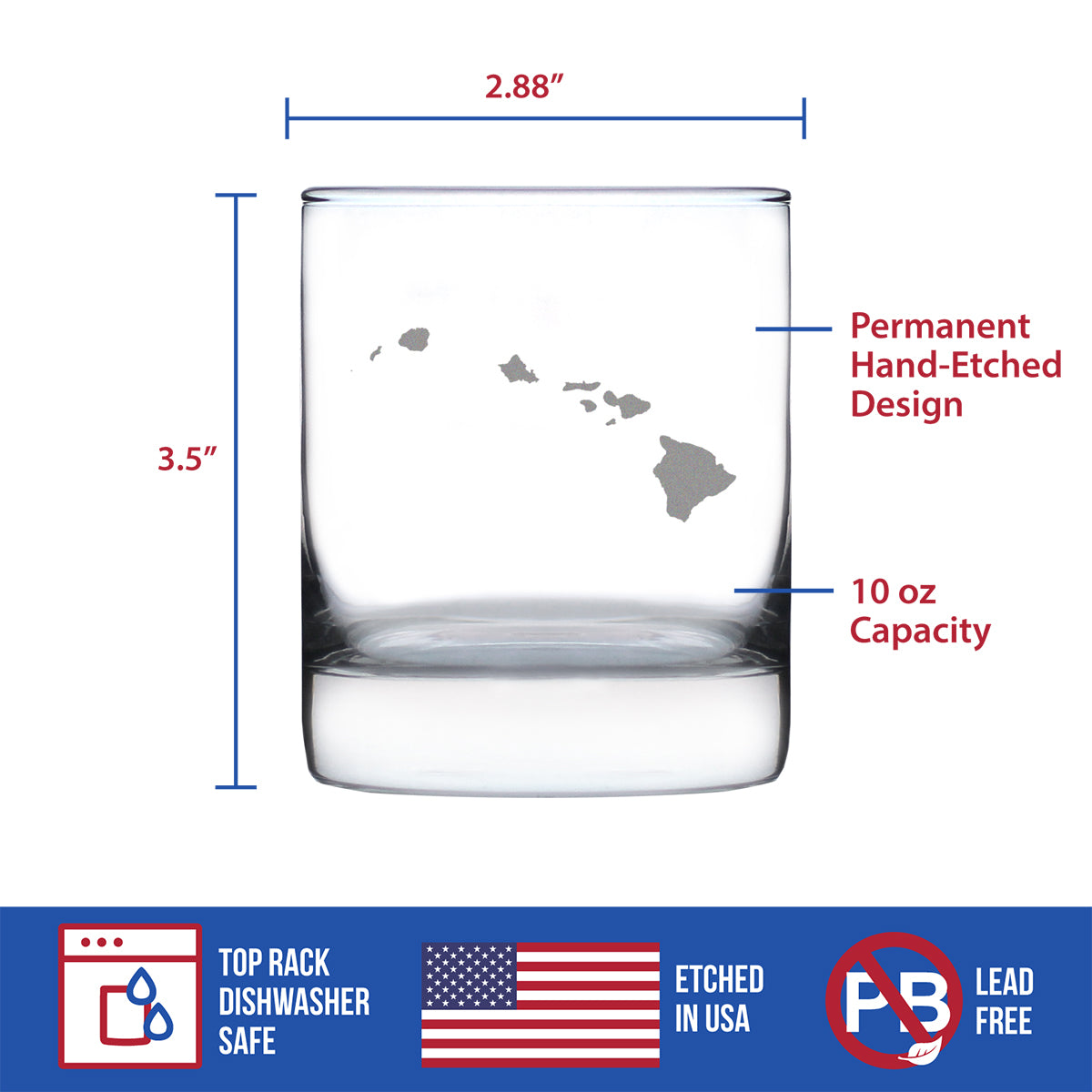 Hawaii State Outline Whiskey Rocks Glass - State Themed Drinking Decor and Gifts for Hawaiian Women & Men - 10.25 Oz Whisky Tumbler Glasses