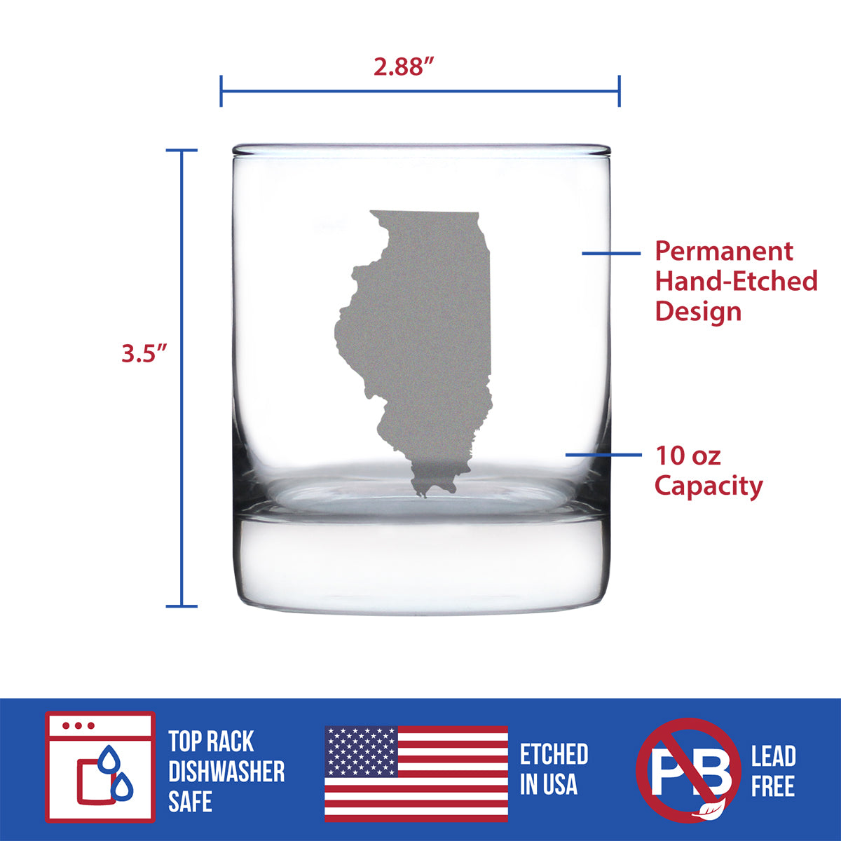 Illinois State Outline Whiskey Rocks Glass - State Themed Drinking Decor and Gifts for Illinoisan Women & Men - 10.25 Oz Whisky Tumbler Glasses