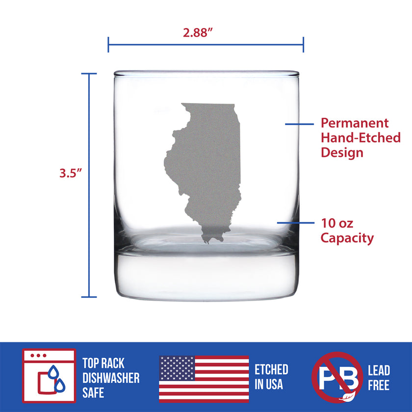 Illinois State Outline Whiskey Rocks Glass - State Themed Drinking Decor and Gifts for Illinoisan Women & Men - 10.25 Oz Whisky Tumbler Glasses