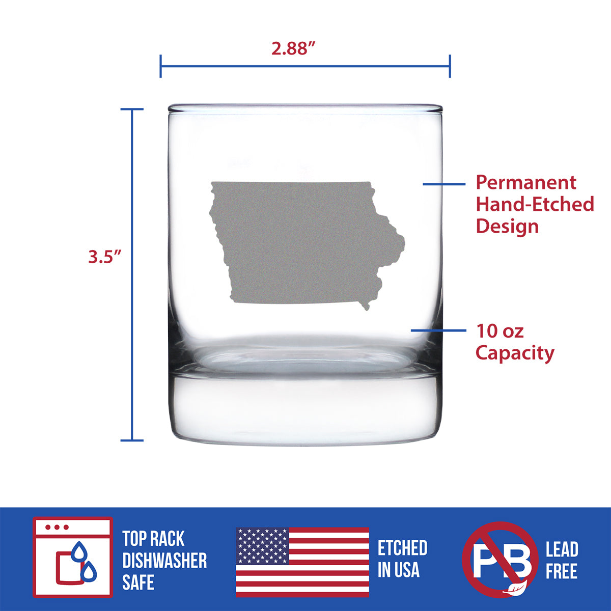 Iowa State Outline Whiskey Rocks Glass - State Themed Drinking Decor and Gifts for Iowan Women &amp; Men - 10.25 Oz Whisky Tumbler Glasses
