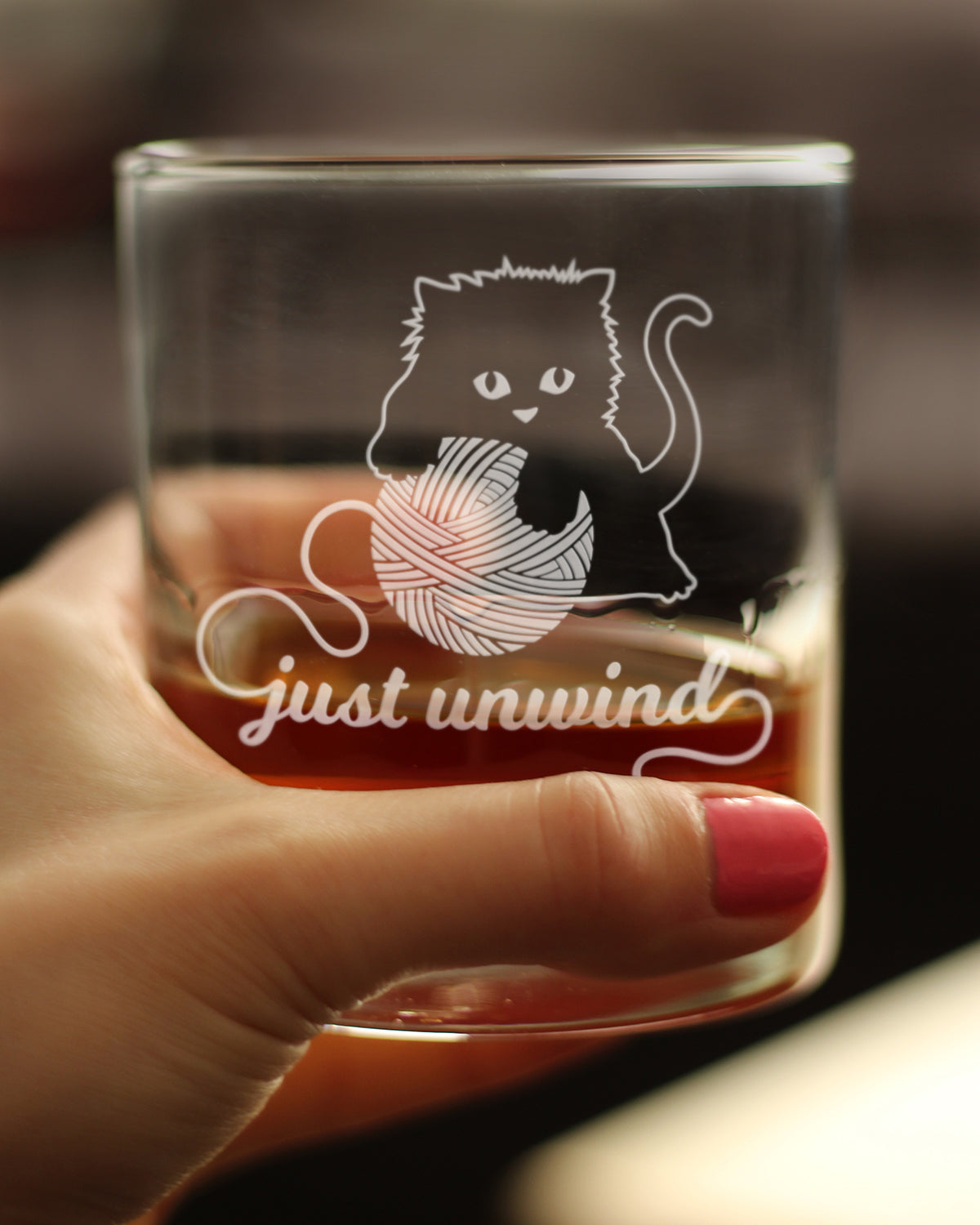 Just Unwind - Whiskey Rocks Glass Gifts - Funny Kitten Themed Gifts for Cat Lovers Who Knit and Crochet - 10.25 Oz Glasses