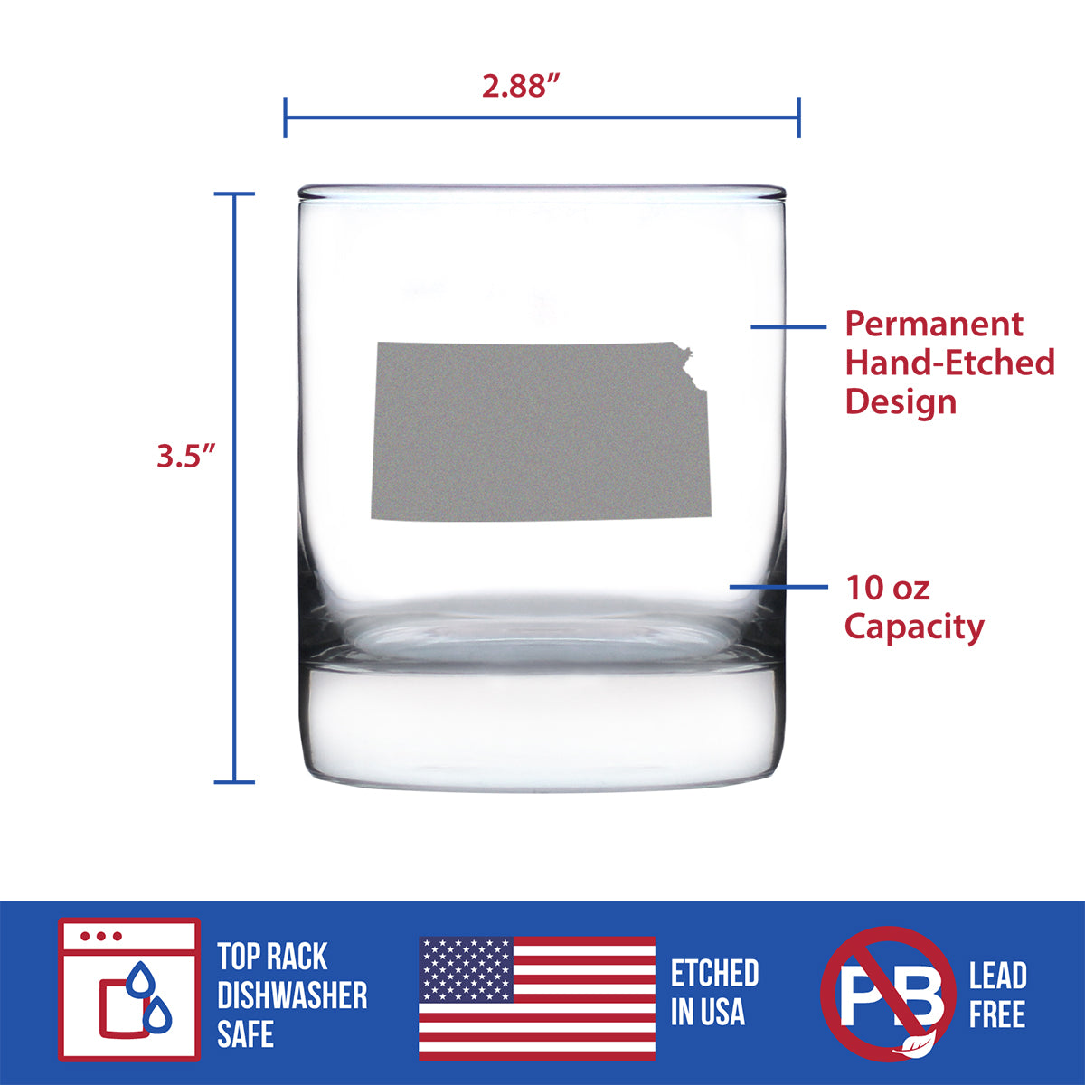 Kansas State Outline Whiskey Rocks Glass - State Themed Drinking Decor and Gifts for Kansan and Jayhawker Women &amp; Men - 10.25 Oz Whisky Tumbler Glasses